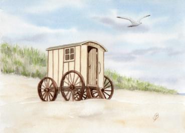 Postkarte DIN-A6  Aquarell Maritim Kunst Druck Kunstdruck Nordsee Norderney Badekarren Insel Strand Düne